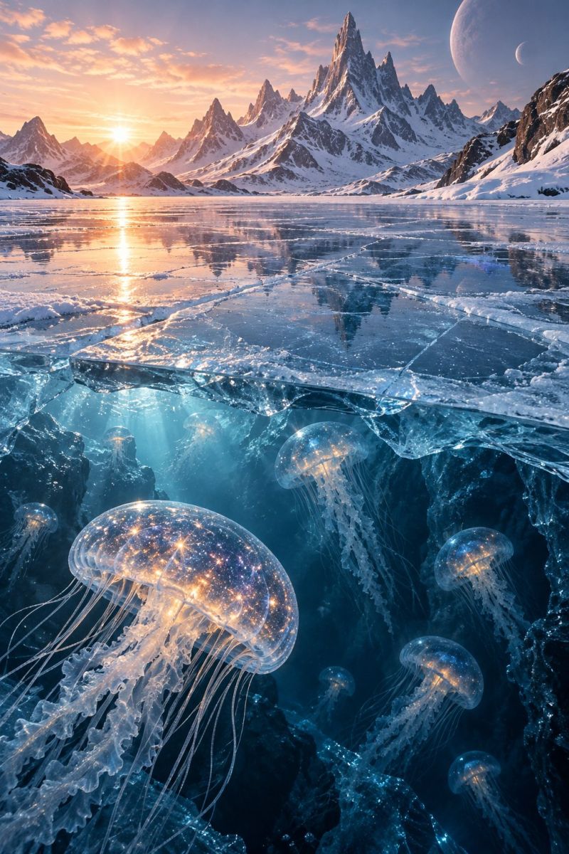 Meduse ocean sous marin mer eau creature nature faune animal aquarium bioluminescence lueur reflexion soleil coucher montagnes scène sereine et mystique avec un lac gelé sous un ciel crépusculaire. Le lac est recouvert de glace, reflétant les teintes chaudes du soleil couchant et les montagnes enneigées environnantes. Au premier plan, plusieurs grandes méduses lumineuses flottent gracieusement dans l'eau glacée, leurs corps translucides illuminés par une douce lumière éthérée. Les montagnes en arrière-plan sont coiffées de neige, et le ciel est un mélange d'orange et de rose, avec une grande planète ou lune visible au loin. L'atmosphère générale est calme et d'un autre monde, mêlant des éléments de la nature avec une touche de fantaisie.