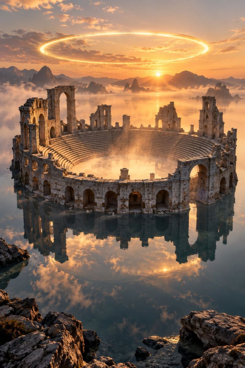 Ancien architecture arene attraction batiment classique culture destination sculpture temple theatre ville village Un ancien amphithéâtre est immergé dans l'eau, avec ses arches et ses colonnes en pierre qui se reflètent à la surface. Le soleil couchant projette une lueur chaude qui illumine la scène et crée un effet de halo dans le ciel. L'amphithéâtre est entouré de rochers et de montagnes, avec une atmosphère brumeuse qui ajoute à l'ambiance mystique. L'eau est calme et le reflet de l'amphithéâtre est visible à la surface de l'eau.