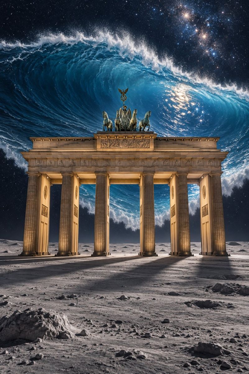 Berlin brandebourg porte tour allemagne monument nuit sculpture statue voyage vague vagues ciel lune L'image montre la porte de Brandebourg, un monument célèbre de Berlin, en Allemagne, sur fond surréaliste. La porte, avec son architecture classique et ses quatre statues de chars tirés par des chevaux, semble flotter au-dessus d'une vague massive qui semble s'écraser du ciel. La vague est représentée dans une couleur bleu foncé avec de la mousse blanche, ce qui lui donne un aspect spectaculaire et puissant. Le ciel au-dessus est sombre et rempli d'étoiles, ce qui ajoute à l'atmosphère surréaliste et surnaturelle. Le sol sous la porte est aride et rocheux, ce qui contraste fortement avec la grandeur de la porte et de la vague. La scène globale combine des éléments de l'architecture classique, des phénomènes naturels et une touche de fantaisie, créant une composition visuellement saisissante et imaginative.