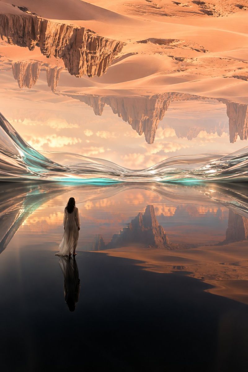 Desert reflet eau coucher soleil ciel nuages montagnes rochers vagues ocean une femme se tient seule sur une vaste surface réfléchissante, peut-être un lac ou un océan, sous un ciel surréaliste. Le ciel est un mélange de tons chauds d'orange et de rose, suggérant un coucher de soleil ou un lever de soleil. Au-dessus d'elle, le ciel semble être une image miroir du paysage en contrebas, avec des falaises rocheuses et des dunes de sable réfléchies à l'envers. L'eau est calme et reflète le ciel et le reflet de la femme. La femme est vêtue d'une robe blanche fluide, dos au spectateur, regardant vers l'horizon. L'ensemble de la scène est onirique, les éléments naturels et la femme créant une atmosphère harmonieuse mais surnaturelle.