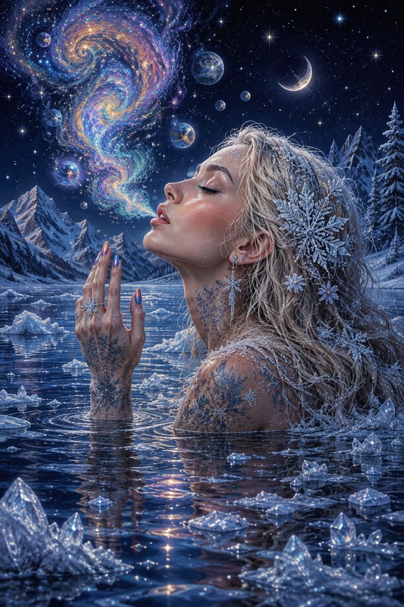 Woman water fantasy ice crystal snowflake finger nail ring ear hair mountain sky galaxy star planet moon bubble night cold A woman with long, flowing blonde hair stands in a body of water, her skin and hair adorned with intricate snowflake tattoos. She gazes upward, her eyes closed, and exhales a breath that forms a delicate cloud of frost. Her hands, with nails painted in shades of blue and pink, are raised as if she's reaching for something. The water around her sparkles with tiny ice crystals, and her body is partially submerged. Behind her, a snowy landscape with pine trees and a mountain range is visible. The sky above is a deep blue, dotted with stars and a crescent moon, and a swirling galaxy of colors emanates from her breath, adding a magical touch to the scene.