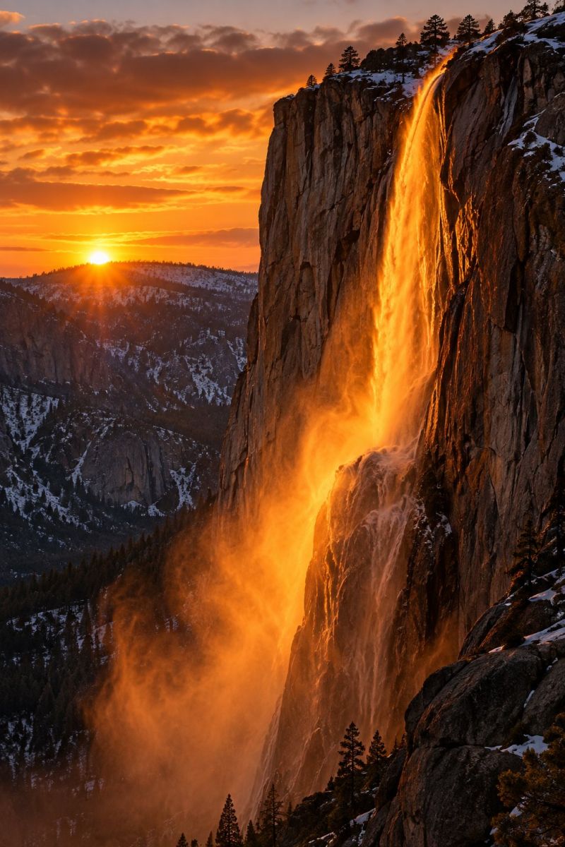 Mountain waterfall sunset rock cliff snow nature sun sky cloud hill forest tree rocky mountains valley fog mist water A dramatic scene of a waterfall cascading down a steep cliff face at sunset. The waterfall is illuminated by the warm, golden light of the setting sun, casting a vibrant glow on the mist and rocks. The cliff face is rugged and steep, with patches of snow clinging to the edges. The surrounding landscape is a mix of dark, snow-covered mountains and evergreen trees, creating a stark contrast against the fiery sky. The sun is partially hidden behind the cliff, adding to the dramatic effect of the scene.