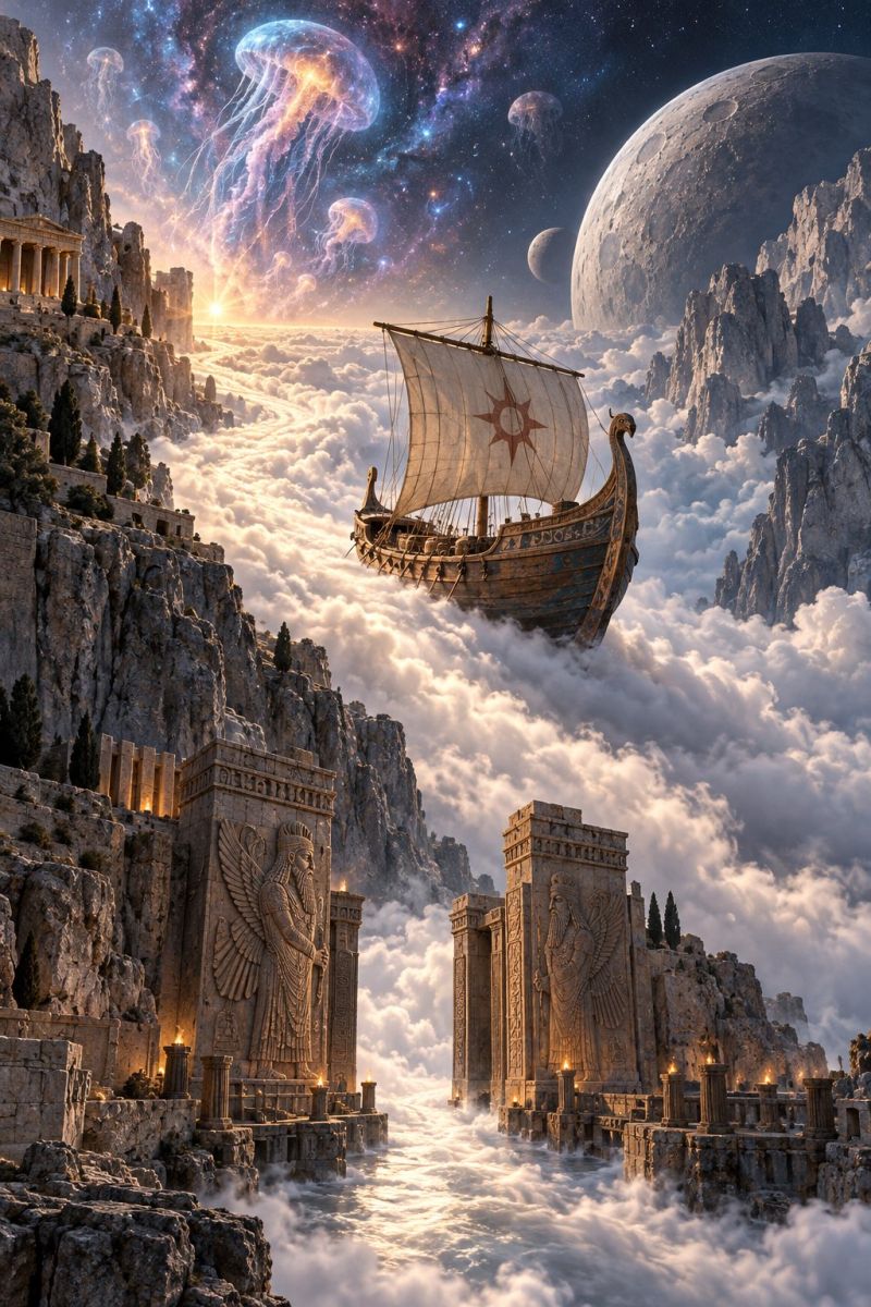 Ship cloud mountain sky water architecture sculpture building An ancient ship with a star emblem on its sail floats above a sea of clouds. The ship is surrounded by glowing jellyfish and a large moon. Below, two stone structures with statues of winged figures are illuminated by candles. The scene is set against a back of mountains, a setting sun, and a starry sky.