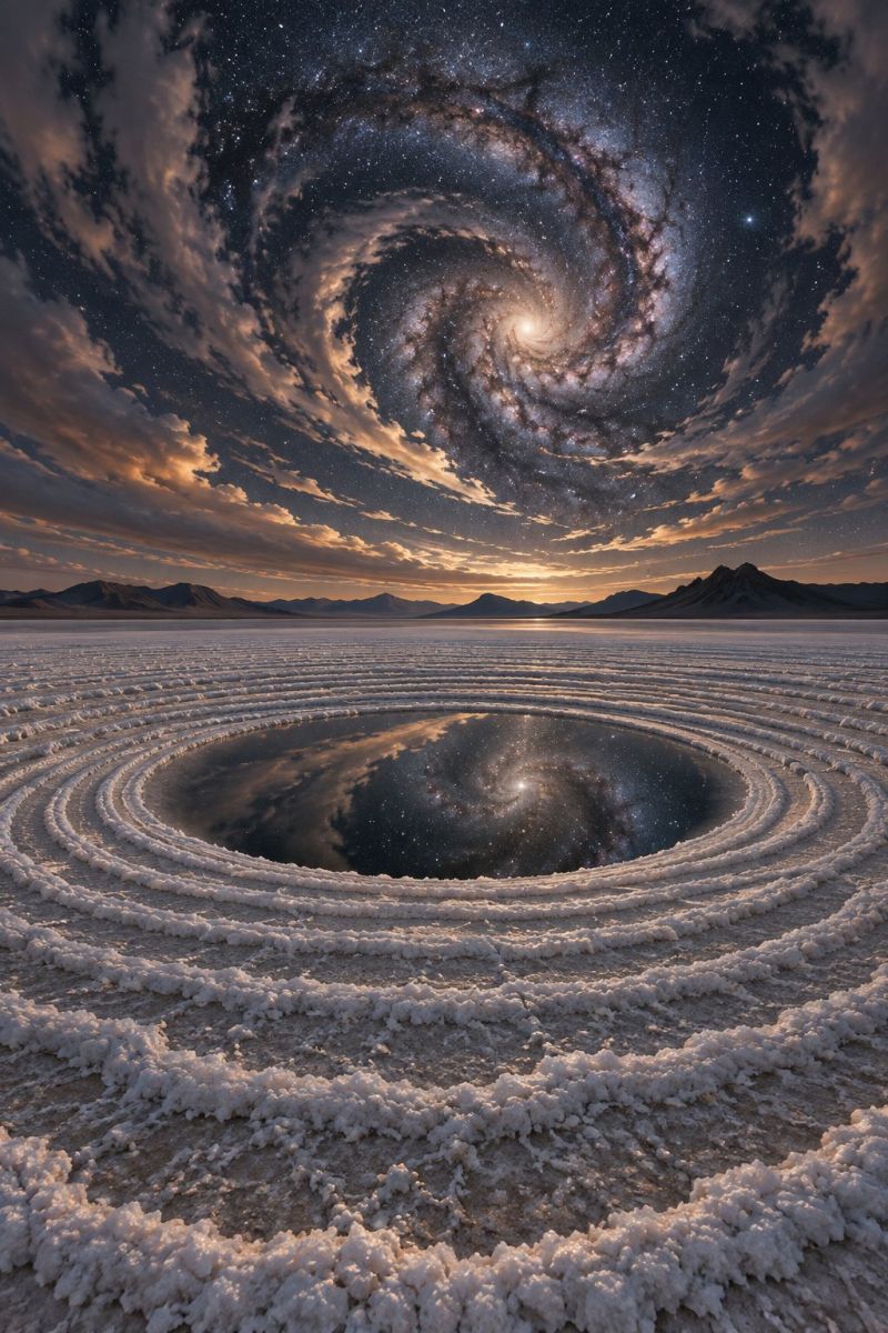Galaxy reflection sunset desert spiral clouds mountains water stars space astronomy nature beauty science night sky vast, circular depression in a salt flat, surrounded by concentric, wavy ridges of salt. The depression mirrors the night sky, which is filled with stars and a prominent spiral galaxy. The sky transitions from dark blue to a lighter hue near the horizon, where the sun is setting, casting a warm glow. In the distance, a range of mountains is visible, their silhouettes outlined against the fading light. The scene is serene and otherworldly, with the reflection of the galaxy creating a sense of depth and infinity.