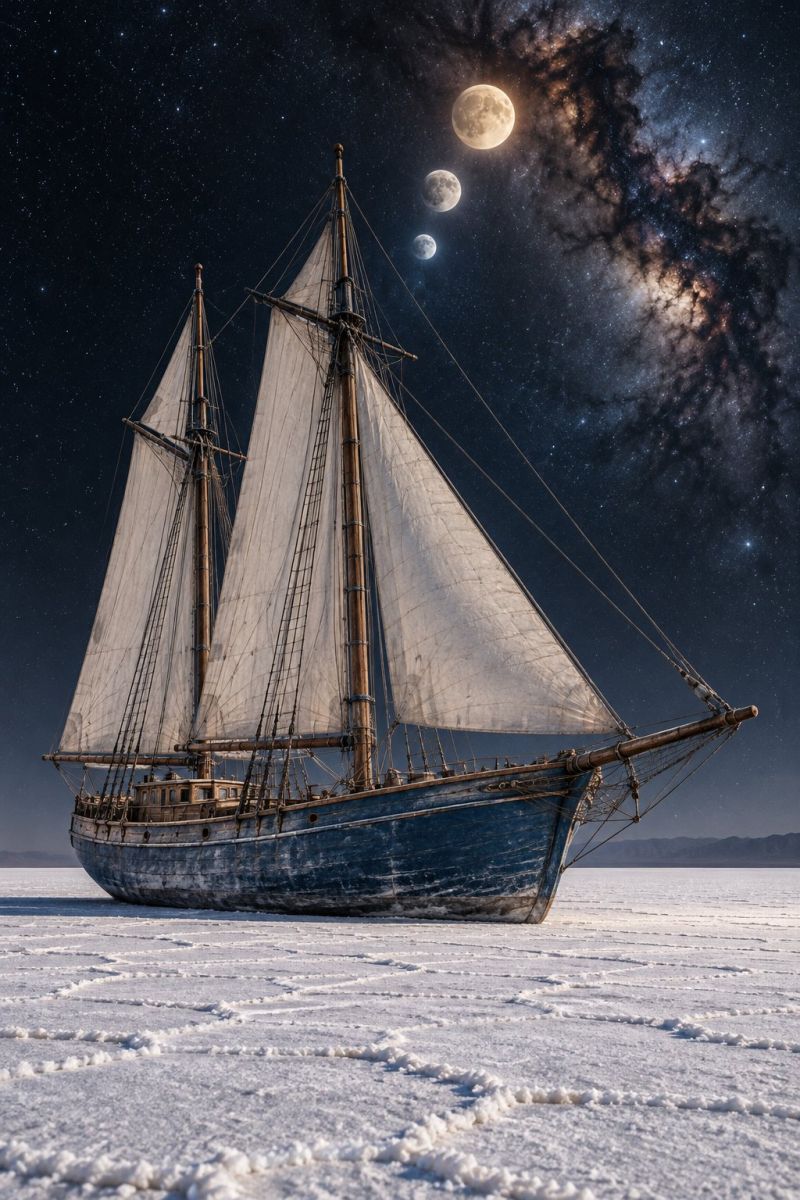 Ship sail mast sailboat boat sailing water ocean sea sky night moon star space universe galaxy astronomy celestial cosmic exploration An old blue sailboat is stranded on a vast, flat, snowy surface. The sailboat has three tall masts with white sails attached. The sails are furled, suggesting the boat is ready to sail. The sky is dark and filled with stars, and there are three moons visible in a row, with the largest one in the middle. The background features a galaxy with dark clouds and bright stars.