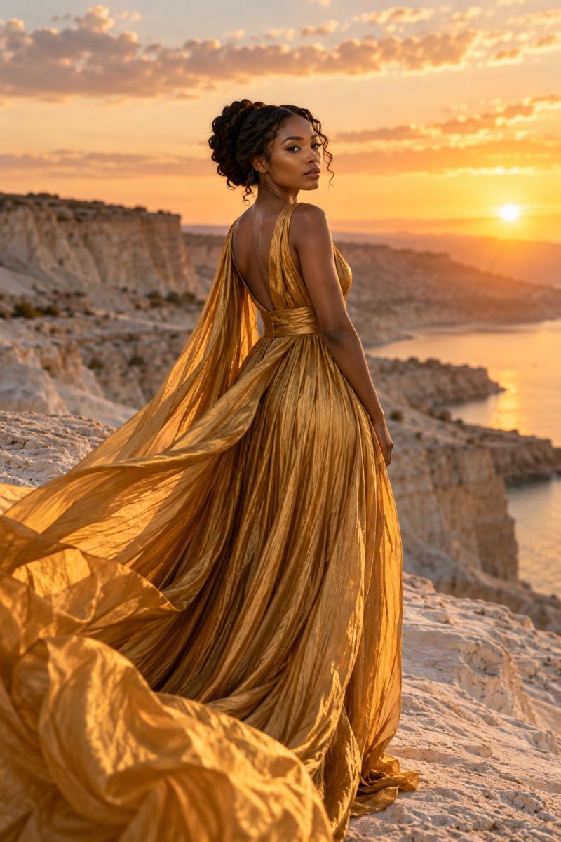 Femme robe falaise coucher soleil montagne ocean ciel beaute mode soiree nature elegance air aventure inspiration voyage heure Une femme se tient debout sur une falaise rocheuse, dos à la caméra, vêtue d'une robe dorée fluide qui flotte dans la brise. Ses cheveux sont coiffés en chignon et elle regarde le coucher du soleil. Le ciel est un mélange d'oranges et de roses chauds, avec le soleil couchant à l'horizon, projetant une lueur dorée sur la scène. La falaise est accidentée et abrupte, avec un plan d'eau visible en dessous, reflétant les couleurs du ciel.