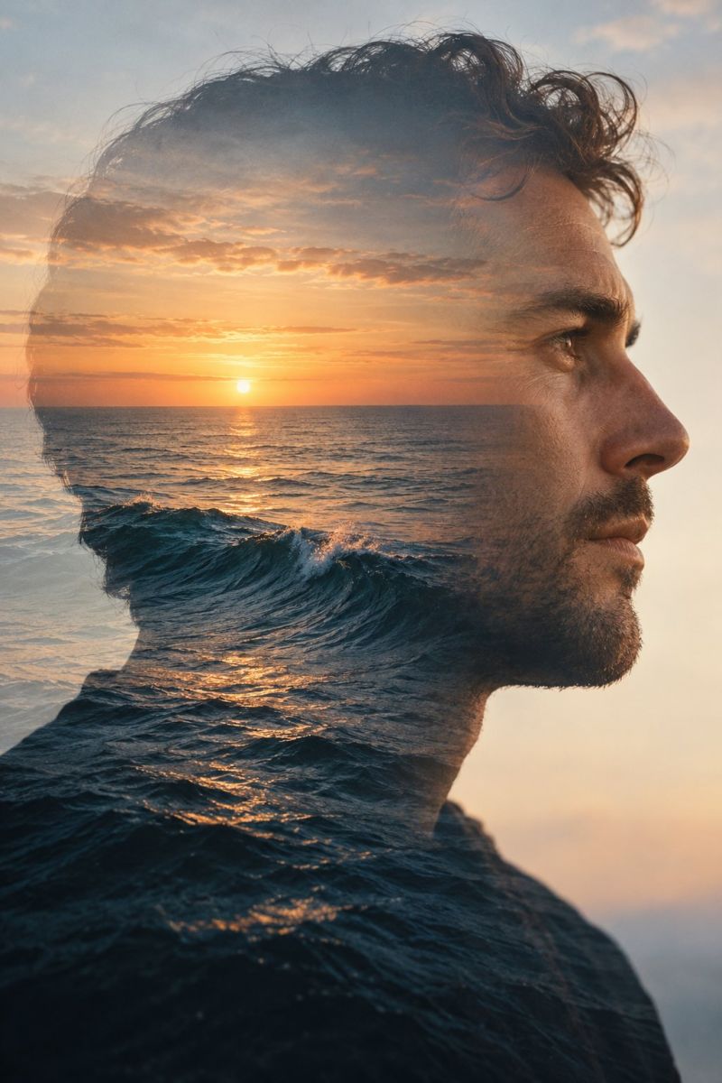 Man sunset ocean waves reflection sea sky clouds beach nature beauty moody calm peaceful inspiration double exposure A man's face is superimposed over a serene ocean scene at sunset. His profile is visible, with his head and shoulders blending into the waves of the ocean. The ocean is calm, with gentle waves reflecting the warm colors of the setting sun. The sky above is a mix of orange and pink hues, indicating the sun is setting. The man's face is slightly blurred, giving the image a dreamlike quality.