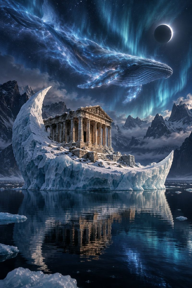 Architecture aurora building classical temple In the foreground, a large iceberg floats in the water, shaped like a crescent moon. On top of this iceberg stands an ancient temple with columns, appearing weathered and covered in snow. The temple is surrounded by a serene, icy landscape. Above the temple, a majestic whale swims gracefully through the sky, its body illuminated by the soft glow of the aurora borealis. The sky is a deep blue, dotted with stars and a crescent moon. In the background, snow-capped mountains rise majestically, and the aurora borealis dances across the sky, casting a magical light over the entire scene.