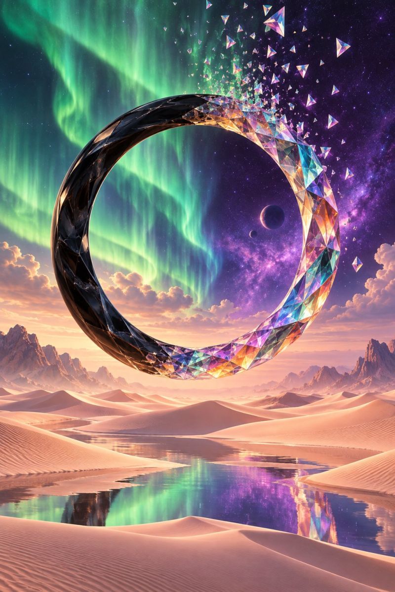 Cercle cristal cristaux desert diamant fantaisie geometrique lueur vert illusion magie miroir nuit reflet Au centre de l'image, un grand anneau au design complexe flotte au-dessus d'un paysage désertique. La bague est faite d'un matériau sombre et brillant avec une série de facettes colorées ressemblant à des diamants qui captent la lumière. Autour de la bague, de nombreuses formes triangulaires, peut-être des cristaux ou des pierres précieuses, sont dispersées dans l'air, ajoutant à l'atmosphère mystique. Le ciel au-dessus est d'un violet foncé, avec des aurores boréales vertes et violettes éclatantes qui dansent dessus. En arrière-plan, quelques planètes et étoiles sont visibles, ce qui contribue au thème cosmique. Le désert en contrebas est vaste et sablonneux, avec un petit plan d'eau reflétant le ciel et l'anneau, créant une scène sereine et surnaturelle.