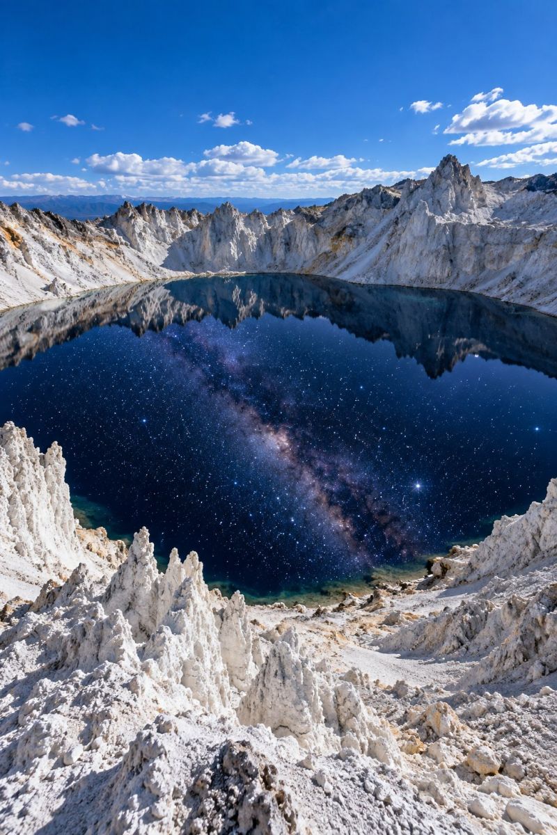 Montagnes lac ciel nuit etoiles reflet eau nuages horizon rochers nature air astronomie L'image montre un vaste lac serein niché dans un paysage montagneux. Le lac est limpide et reflète le ciel nocturne avec sa myriade d'étoiles et la galaxie de la Voie lactée bien en vue. L'eau est calme, à l'image du terrain accidenté et des corps célestes au-dessus. Les montagnes environnantes sont composées de formations rocheuses blanches qui contrastent fortement avec le bleu foncé du ciel et le reflet de l'eau. Le ciel est d'un bleu profond, parsemé de quelques nuages épars, renforçant l'atmosphère tranquille et majestueuse de la scène.