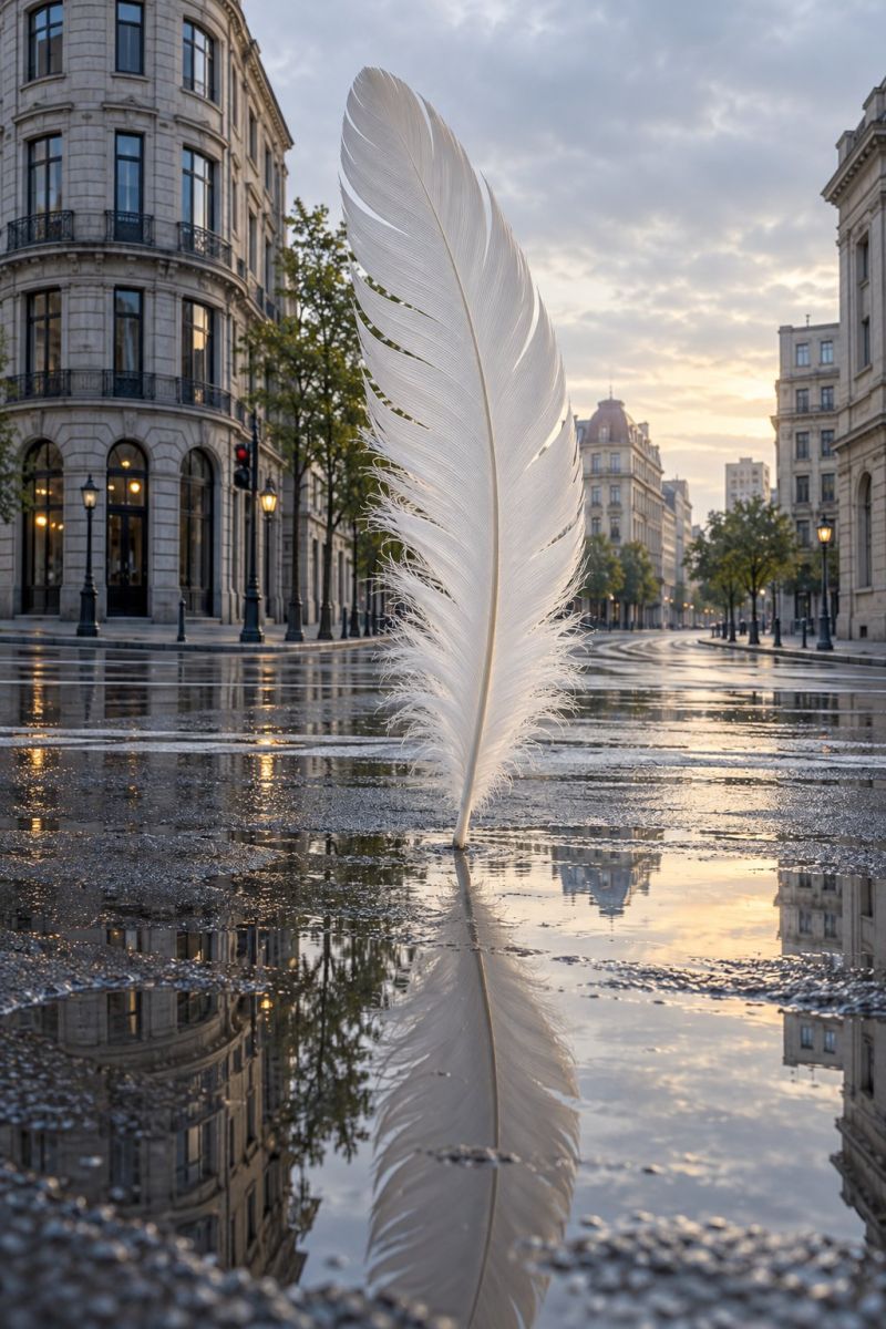 Plume reflexion mouille flaque ville batiment architecture urbain rue lampadaire circulation panneau poteau arbre ciel nuages coucher soleil soiree Une grande plume blanche se dresse droite dans une flaque sur une rue de la ville. La plume se reflète sur le trottoir mouillé, créant une image miroir. La rue est bordée de grands immeubles des deux côtés, avec de nombreuses fenêtres et balcons. Des lampadaires et des feux de circulation sont visibles le long du trottoir. Le ciel est couvert, et les rayons du soleil sont visibles à travers les nuages, projetant une lueur chaleureuse sur la scène.