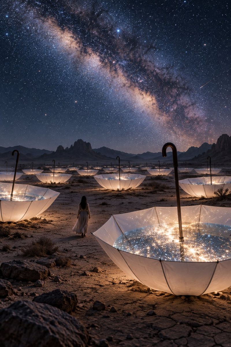 Umbrella night sky stars galaxy desert mountains rocks dry dust reflection water clouds meteor meteorite comet asteroid space outer In a vast, arid desert under a starlit sky, numerous transparent umbrellas are arranged in a row, each reflecting the night sky and stars. The umbrellas are open and positioned on the ground, with their interiors glowing softly. A woman in a flowing dress stands near the front umbrella, which is larger and more prominently lit, casting a gentle light on her and the surrounding area. The sky is filled with stars, and the Milky Way is prominently visible, adding a magical and surreal atmosphere to the scene.