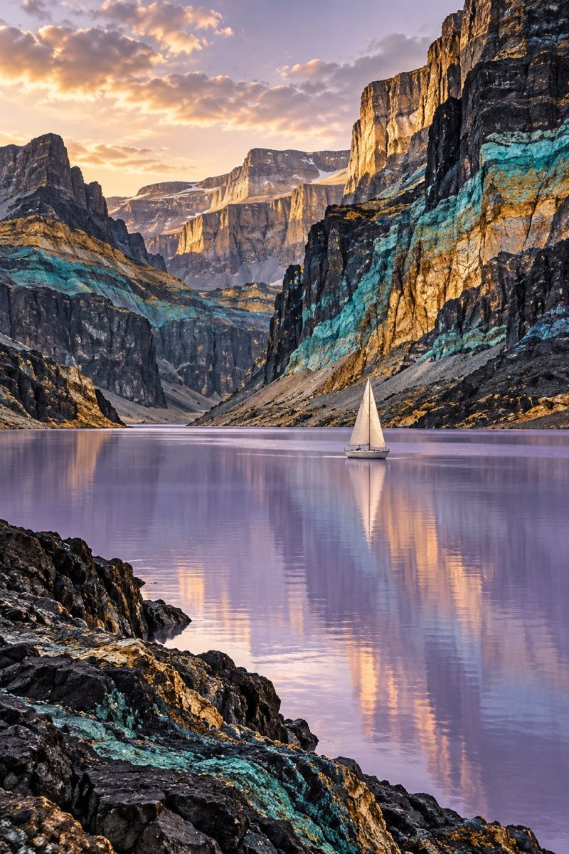 Montagnes lac bateau eau reflet ciel coucher soleil rochers falaises nature air voyages aventure beaute serein tranquille heure doree Un voilier navigue sur un lac calme et réfléchissant entouré de falaises rocheuses abruptes. Les falaises sont peintes dans des tons de bleu, de jaune et de brun, et certaines zones présentent des signes d'érosion. Le ciel au-dessus est un mélange de teintes orange et rose, indiquant le lever ou le coucher du soleil. La surface de l'eau reflète les couleurs du ciel et des falaises, créant une scène sereine et pittoresque.