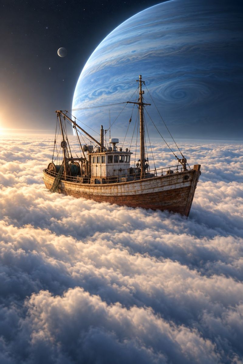Boat sky cloud sea water ship sailing An old fishing boat floats in the sky above thick clouds. The boat has a rusty hull and a tall mast with ropes and fishing equipment. In the background, a large planet with swirling clouds and a moon is visible, with stars scattered in the sky. The scene is surreal and dreamlike.