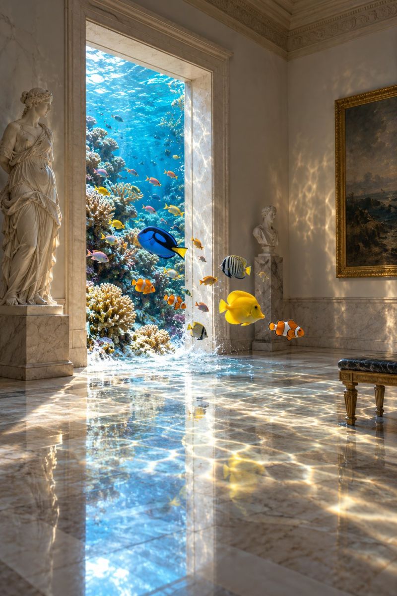Bench bust classical decorative decoratives design sculpture classically inspired wall window In a grand room, a large aquarium is positioned in the center, creating an illusion of an underwater scene. The aquarium is filled with vibrant coral reefs and a variety of colorful fish, including blue, yellow, and orange fish, swimming around. The room has high ceilings and is adorned with marble flooring and walls. On the left side, a statue of a woman stands on a pedestal, and on the right side, there is a bust of a man on a pedestal. A framed painting is mounted on the wall behind the bust, and a small bench is placed near the aquarium. The sunlight filters through, casting reflections on the water and the marble floor.