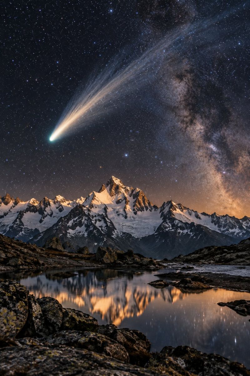 Lake reflection snow rocks comet stars astronomy nature dark sky mountains water night mountain range milky way outer space A night sky filled with stars and a bright comet streaking across it. The comet has a long, glowing tail. Below the sky, there are snow-capped mountains with a serene lake in the foreground. The lake reflects the sky and the mountains, creating a mirror-like effect. The mountains are rugged with some rocks and vegetation. The sky transitions from dark to a lighter hue near the horizon, indicating the presence of the Milky Way.