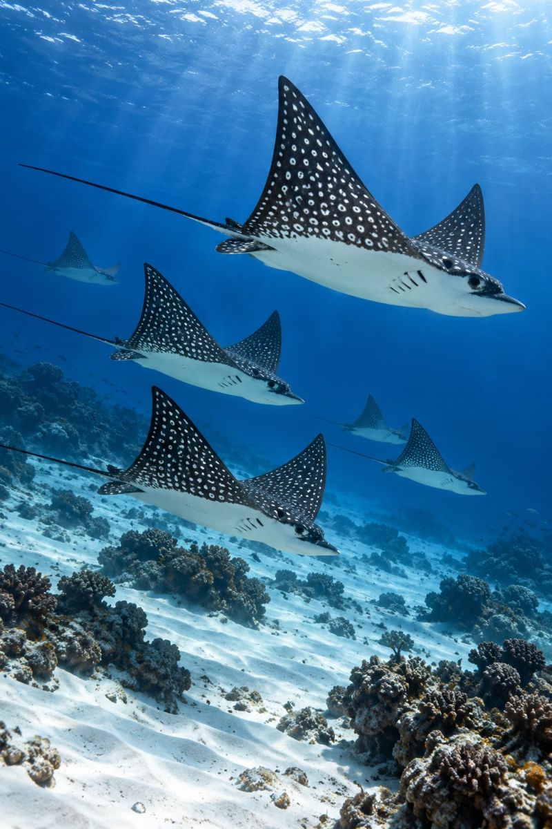 Ocean sea fish coral reef underwater marine wildlife nature aquatic swimming tropical stingray stingrays rays spotted pattern life A group of stingrays are swimming in the ocean. The stingrays have white bodies with black spots and long, thin tails. The ocean floor is covered with coral reefs and white sand. The water is clear, and sunlight is shining through it, creating a beautiful scene.