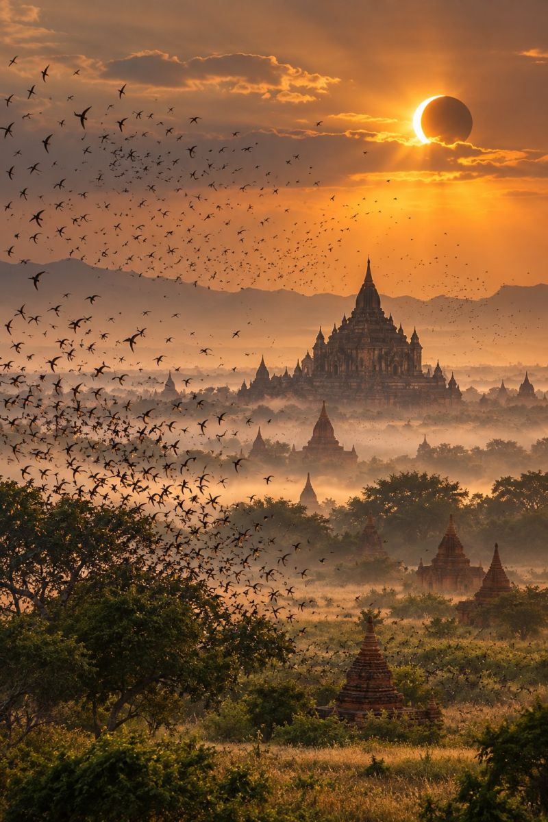 Coucher soleil temple pagode architecture ciel nuages oiseaux migration nature brume collines arbres herbe champ montagnes horizon voyage heure doree Une scène époustouflante d'un coucher de soleil sur un vaste paysage rempli d'anciens temples et de pagodes. Le ciel est un dégradé chaud d'orange et de rose, avec une éclipse partielle de soleil créant une silhouette spectaculaire. Un grand groupe d'oiseaux vole en forme de V dans le ciel, ce qui contribue à l'atmosphère dynamique et animée. Les temples, avec leurs toits caractéristiques en forme de dôme, sont éparpillés dans le paysage, certains étant partiellement masqués par le brouillard. Le premier plan est un mélange de verdure luxuriante et d'herbe sèche, avec des arbres et des buissons qui parsèment la zone. La scène générale est sereine et majestueuse, capturant la beauté de la nature et de l'architecture en harmonie.
