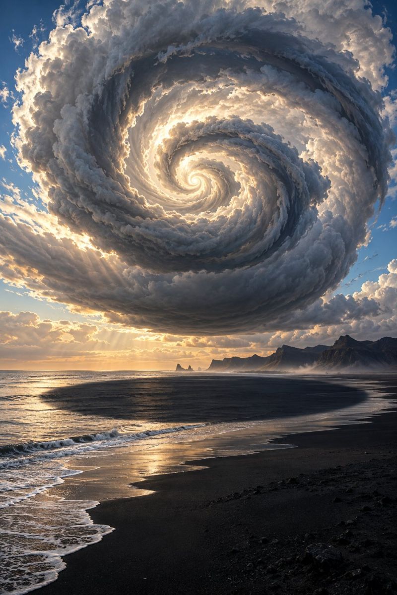 Cloud sky sun sunlight beach water wave mountain horizon sunset nature sea ocean cloudscape spiral atmosphere reflection A dramatic scene of a large, swirling cloud formation dominating the sky above a beach. The cloud is spiral-shaped, with a dark center and lighter, fluffy edges. The sun's rays pierce through the cloud, casting a golden glow on the dark sand below. The beach is wide, with gentle waves lapping at the shore. In the distance, rugged mountains rise against a back of a clear blue sky. The overall scene is both awe-inspiring and serene, capturing the power and beauty of nature.