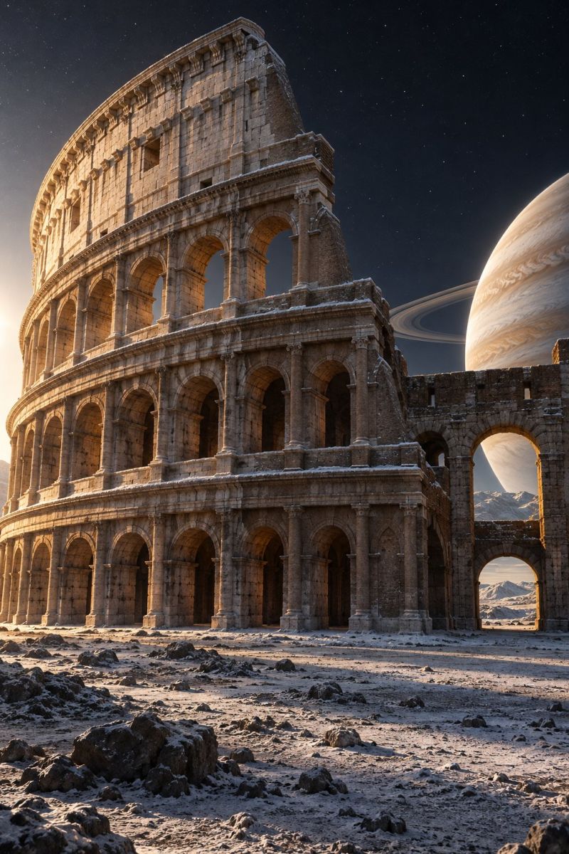 Architecture ancien amphitheatre arene batiment classique colisee beton design dome empire etat l'ancien Colisée romain, un amphithéâtre massif, se dressant bien en vue sur fond de paysage enneigé. Le Colisée est illuminé par une lumière douce et chaude, provenant probablement du soleil couchant, projetant de longues ombres sur ses arches et ses colonnes en pierre. La structure est composée de grands blocs de pierre patinés, avec de nombreuses arches et colonnes qui définissent son architecture emblématique. À l'arrière-plan, une grande planète, probablement Jupiter, est visible avec ses bandes distinctives et ses nuages tourbillonnants, ajoutant une touche surréaliste à la scène. Le ciel est sombre, avec quelques étoiles à peine visibles, ce qui contribue à l'atmosphère dramatique et surnaturelle de l'image.
