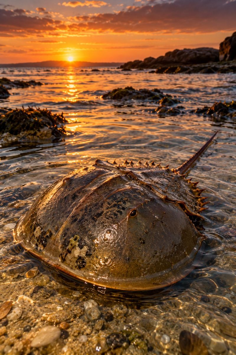 Sea water sunset rocks shoreline seascape wildlife nature ocean invertebrate crustacean beach tide seashore evening reflection seashells algae horsesh A horseshoe crab is in the shallow water near the shore, with the sun setting in the background. The crab has a large, round body with a hard shell and a long, pointed tail. The water is calm, and there are rocks and seaweed in the background. The sky is orange and pink, indicating the sunset.
