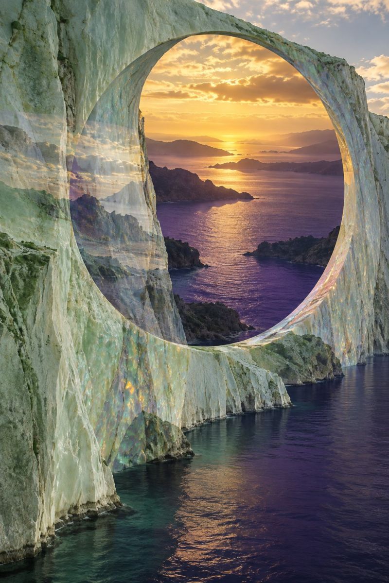 Sunset ocean rock cliff water sky reflection nature sea horizon clouds island mountain travel beauty scenery large, circular opening in a rock formation, through which a breathtaking sunset view is visible. The rock formation is a deep green color, with a smooth, polished surface that reflects the colors of the sunset. The opening is framed by the rock, creating a natural window to the outside world. The sunset is a vibrant mix of orange, pink, and purple hues, casting a warm glow on the surrounding landscape. In the distance, there are several small islands visible in the ocean, with the water reflecting the colors of the sky. The overall scene is serene and peaceful, with a sense of natural beauty and wonder.