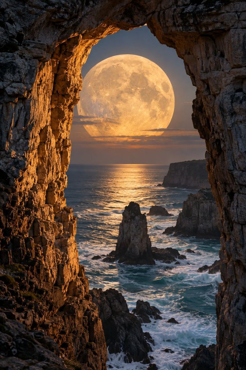 Lune ocean rocher falaise eau coucher soleil ciel nature mer rochers lever rivage vue imprenable sur une pleine lune s'élevant au-dessus de l'océan, encadrée par une falaise rocheuse. La lune est grande et brillante, projetant une lueur chaude sur la scène. L'océan est calme et bleu, avec de petites vagues qui clapotent doucement les rochers. Les rochers sont irréguliers et irréguliers, et certaines zones présentent des signes d'érosion. Le ciel est d'un bleu profond, avec quelques nuages éparpillés. L'effet global est celui de la tranquillité et de la beauté naturelle.