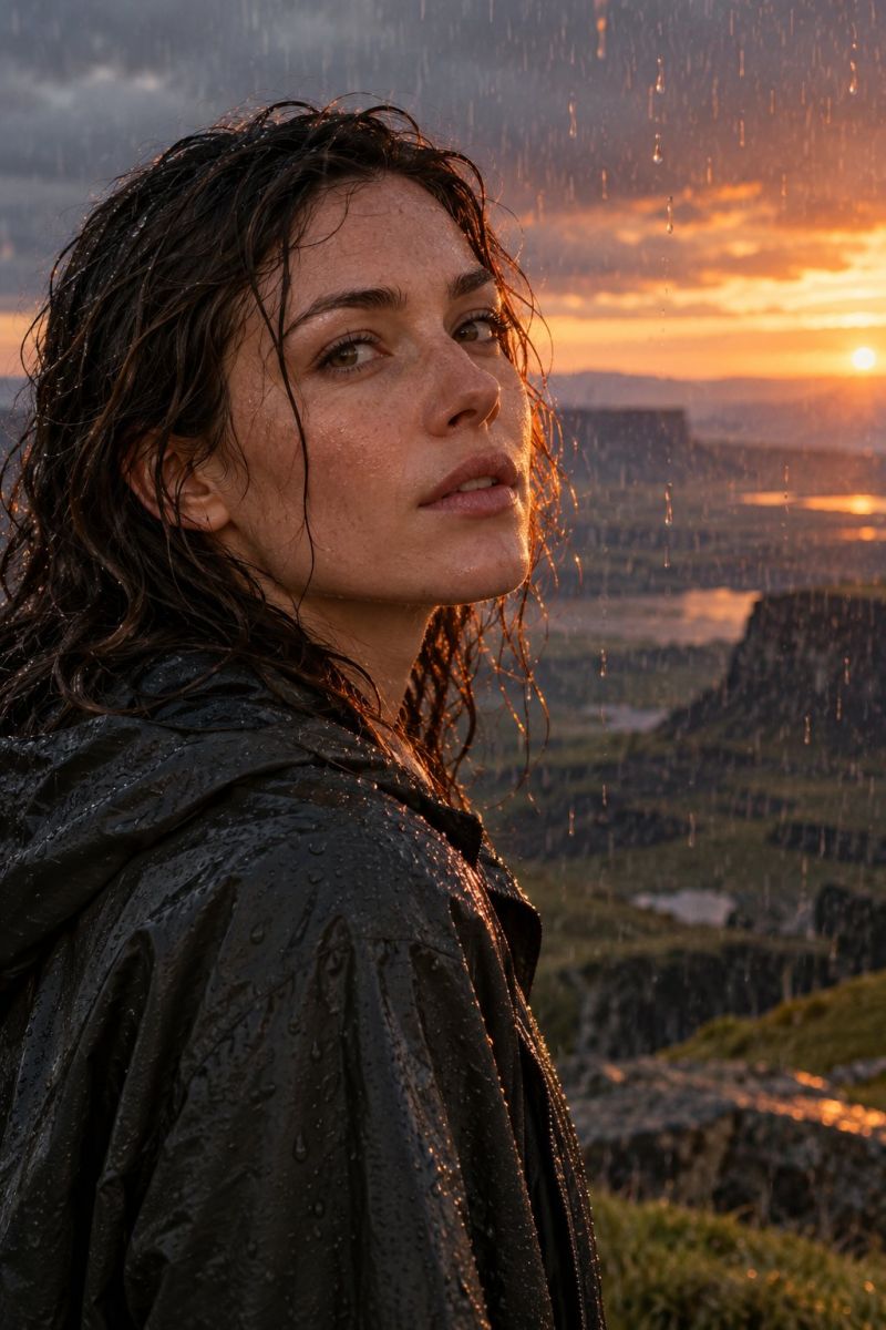Woman rain wet sunset mountain nature outdoors water clouds sky sun reflection hair clothes ground rocks grass A woman stands in the rain, her hair wet and clinging to her face. She wears a black raincoat, which is also wet, with water droplets visible on it. She looks to the right, her expression serious. Behind her, the sky is a mix of dark clouds and the warm colors of a sunset. In the background, there are mountains and a valley with a river or lake reflecting the sunset's colors.