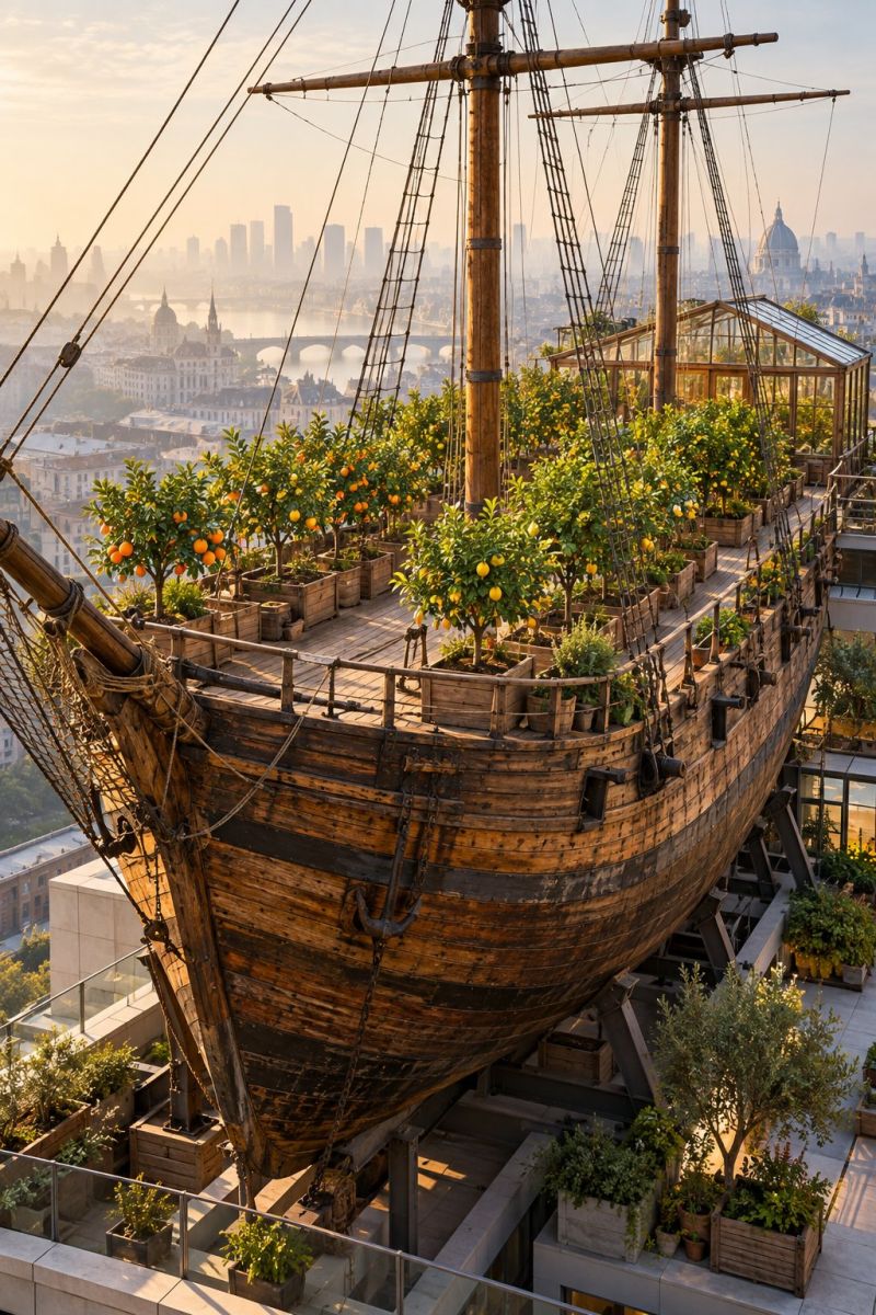 Ces termes architecture bateau batiment ville urbain construction pont plateforme contexte jardin verdure moderne aerien design plus general maison Un vieux navire en bois est exposé dans un jardin sur le toit. Le navire est rempli de diverses plantes en pot, y compris des orangers avec des fruits oranges. Le navire est soutenu par des structures métalliques et dispose d'une serre en verre sur le côté droit. Le jardin sur le toit est entouré d'une clôture en verre, et il y a plus de plantes et d'arbres dans la zone. Au loin, on peut voir des bâtiments, un pont et une rivière. Le ciel est clair avec quelques nuages.