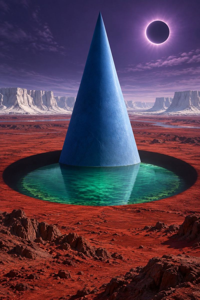 Desert eau lac ciel montagne rocher soleil eclipse reflet ombre nuage espace planete mars extraterrestre futuriste imagination Au centre d'un vaste paysage désertique rouge, se dresse une impressionnante structure bleue en forme de pyramide. La pyramide est haute et pointue, avec une surface réfléchissante qui reflète l'environnement environnant. À la base de la pyramide, il y a un bassin d'eau circulaire qui semble être d'un vert profond et éclatant. L'eau est calme et reflète la pyramide et le ciel au-dessus. Le ciel est d'un violet foncé, avec une éclipse solaire partielle visible, où la lune recouvre le soleil, projetant une ombre spectaculaire. Au loin, il y a des terrains accidentés et rocheux et une ligne d'horizon avec des montagnes plus désertiques et lointaines.