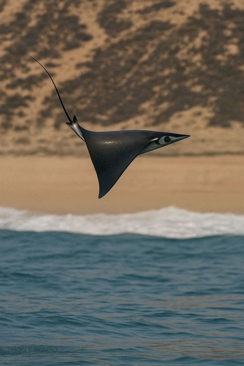 Ocean sea water sky fish bird wildlife nature beach sand waves horizon sun sunlight shadow flying swimming creature environment A large, sleek black fish with elongated fins is soaring above the ocean's surface. The fish has a pointed snout and large, expressive eyes. The ocean below is calm with gentle waves, and in the background, there is a sandy beach with dunes under a clear sky.