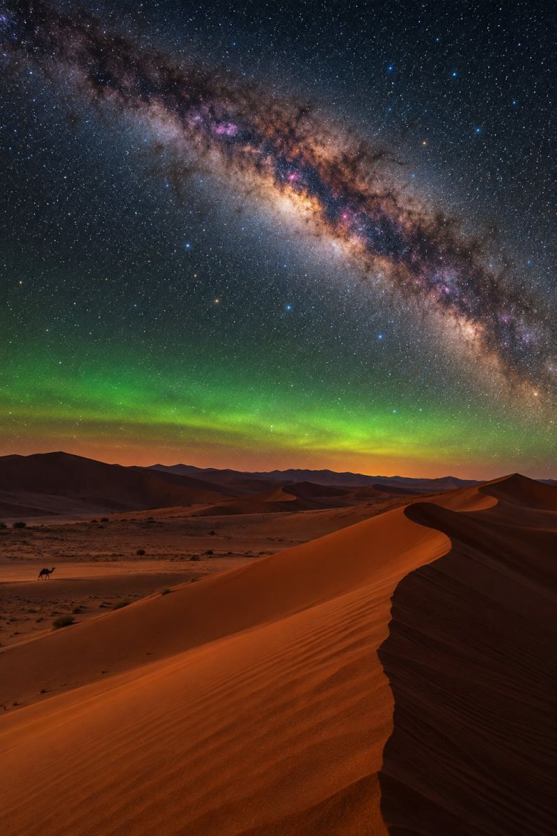 Desert night sky stars aurora astronomy space astrophotography sunset horizon camel milky way sand dunes a vast desert landscape is depicted under a night sky filled with celestial wonders. The Milky Way stretches across the sky, glowing with a mix of orange, pink, and purple hues, creating a stunning backdrop. Below the Milky Way, a vibrant green aurora borealis, or northern lights, dances across the sky, adding a magical touch to the scene. The desert is adorned with large, sweeping sand dunes that cast deep shadows, enhancing the dramatic effect of the night. In the foreground, a solitary camel stands out against the orange and pink hues of the desert, adding a sense of scale and life to the otherwise vast and empty landscape. The sky transitions from the deep blues of night to the soft, warm tones of dawn, creating a serene and awe-inspiring atmosphere.