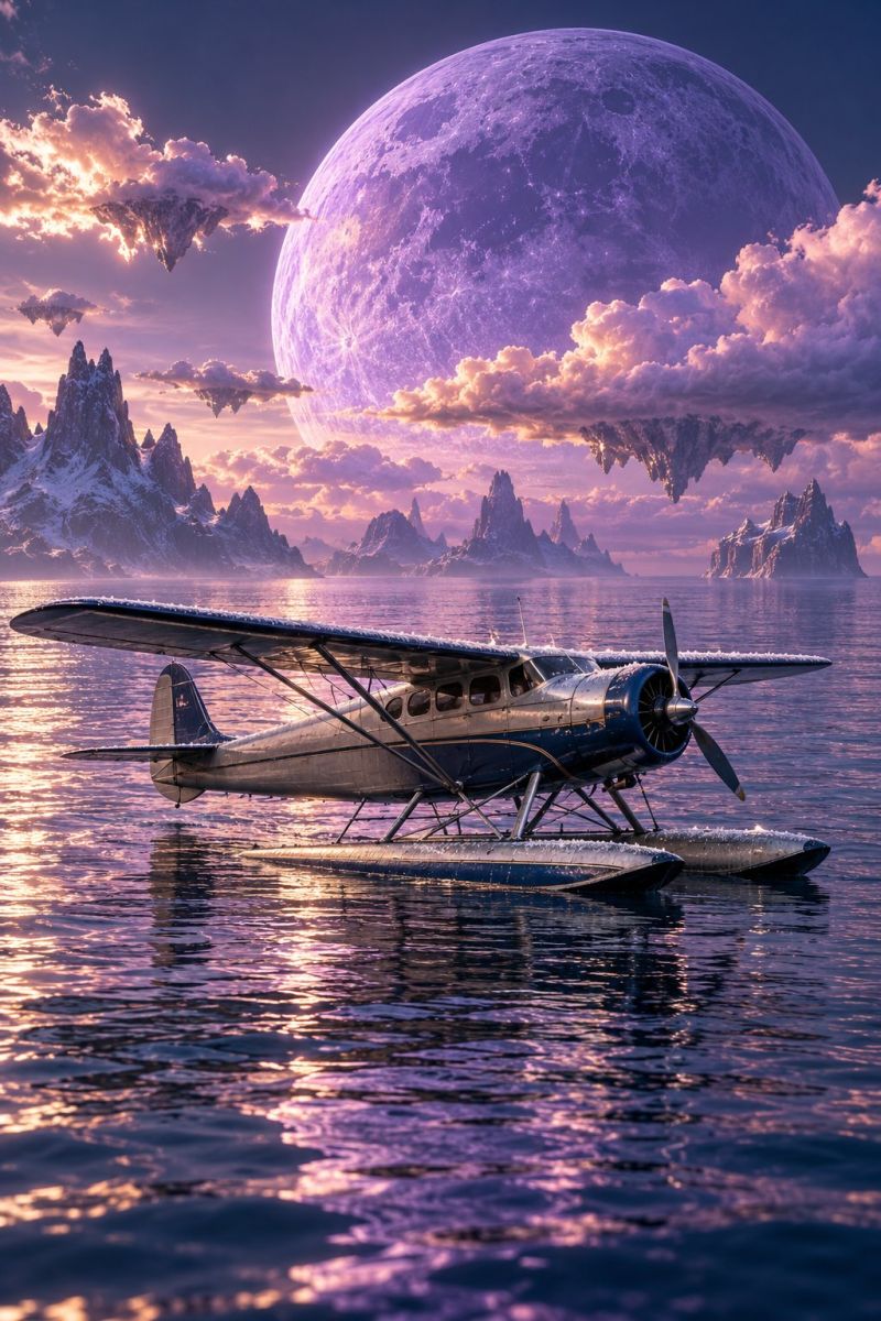 Hydravion mer eau ciel lune nuages montagnes coucher soleil reflet aviation voyage aventure exploration nature Un hydravion flotte sur un plan d'eau calme et son ombre se reflète à la surface de l'eau. L'avion possède une hélice à l'avant et flotte sur deux pontons. Le ciel est rempli de nuages et une grande lune rougeoyante est visible en arrière-plan, entourée d'îles flottantes. L'eau est d'un bleu profond et le ciel est un mélange de teintes violettes et bleues. La scène se déroule sur fond de montagnes et de ligne d'horizon.