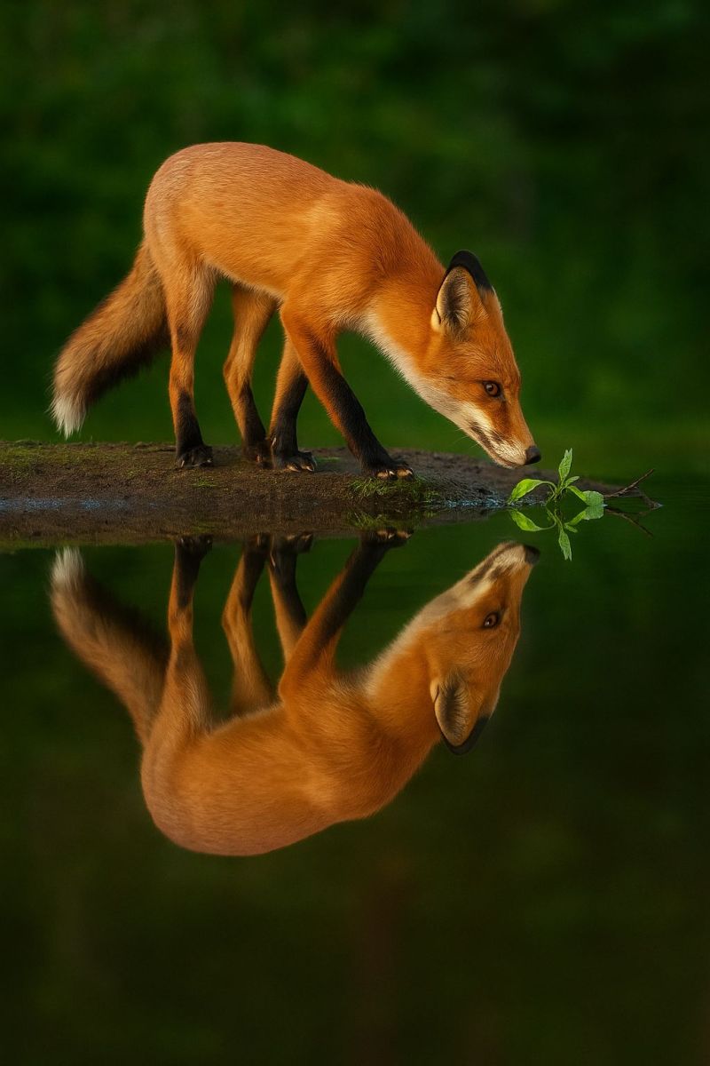Renard reflexion eau faune nature animal mammifere air foret carnivore rouge buisson touffu queue patte oreille oeil plante tige feuille Un renard roux se tient au bord d'un plan d'eau, son reflet se mirant dans l'eau en dessous. Le renard a une queue touffue et un pelage rouge vif, avec un ventre blanc et des pattes noires. Il regarde vers l'eau, buvant peut-être. L'eau est calme, et le reflet du renard est clair. L'arrière-plan est d'un vert foncé, peut-être une forêt ou un champ.