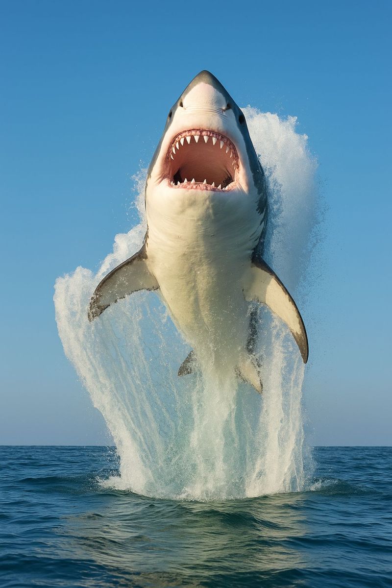 Shark ocean water sea predator wildlife nature animal mammal fish underwater marine swimming jumping spray spraying sprayed sprays A large great white shark is leaping out of the water, its mouth wide open, revealing sharp teeth. The shark's body is streamlined, with a powerful tail fin and a dorsal fin visible. The water around the shark is splashing up, creating a dynamic and dramatic scene. The sky above is clear and blue, indicating a sunny day. The ocean is calm, with gentle waves in the background.