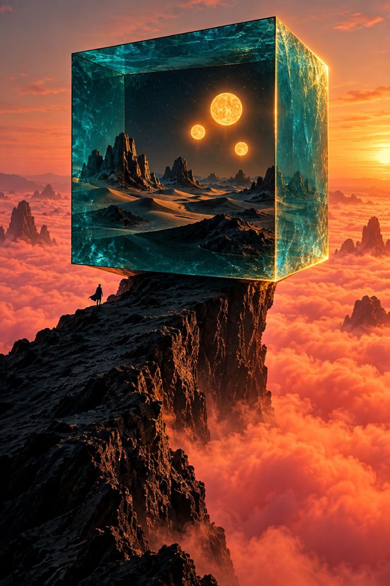 Cube ciel montagne nuage coucher soleil horizon desert rocher espace planete etoile nuit reflet eau imagination Au premier plan, une personne se tient debout sur une falaise rocheuse et regarde un grand cube transparent flottant au-dessus d'elle. Le cube a un intérieur bleu foncé et est rempli d'une scène représentant un paysage désertique sous un ciel nocturne. Trois sphères jaunes brillantes, ressemblant à des lunes, sont visibles à l'intérieur du cube, projetant une douce lumière sur le désert en contrebas. Le désert présente des dunes de sable et des formations rocheuses, avec une chaîne de montagnes lointaine. Le ciel à l'extérieur du cube est un mélange de teintes orange et rose, indiquant un coucher ou un lever de soleil. La scène générale est surréaliste et surnaturelle, mélangeant des éléments de la nature et de la fantaisie.