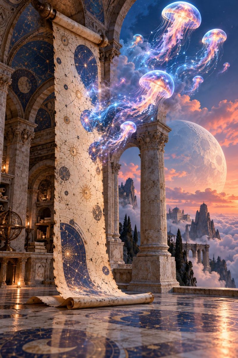 Architecture astronomy building ceiling cloud column cosmos decoration design fantasy fictional floor glow imagination interior jewelry marble marvel In a grand, ancient hall, a large scroll with intricate celestial patterns is rolled out on the floor. The scroll features a blue and gold design with various celestial symbols and constellations. Above the scroll, several glowing jellyfish float gracefully, their translucent bodies shimmering with a soft, ethereal light. The hall is adorned with tall, ornate columns and a high, intricately decorated ceiling. The scene is set against a back of a majestic sunset, with a large, glowing moon and a distant, misty landscape. The sky is a blend of deep blues and warm oranges, creating a magical and otherworldly atmosphere.