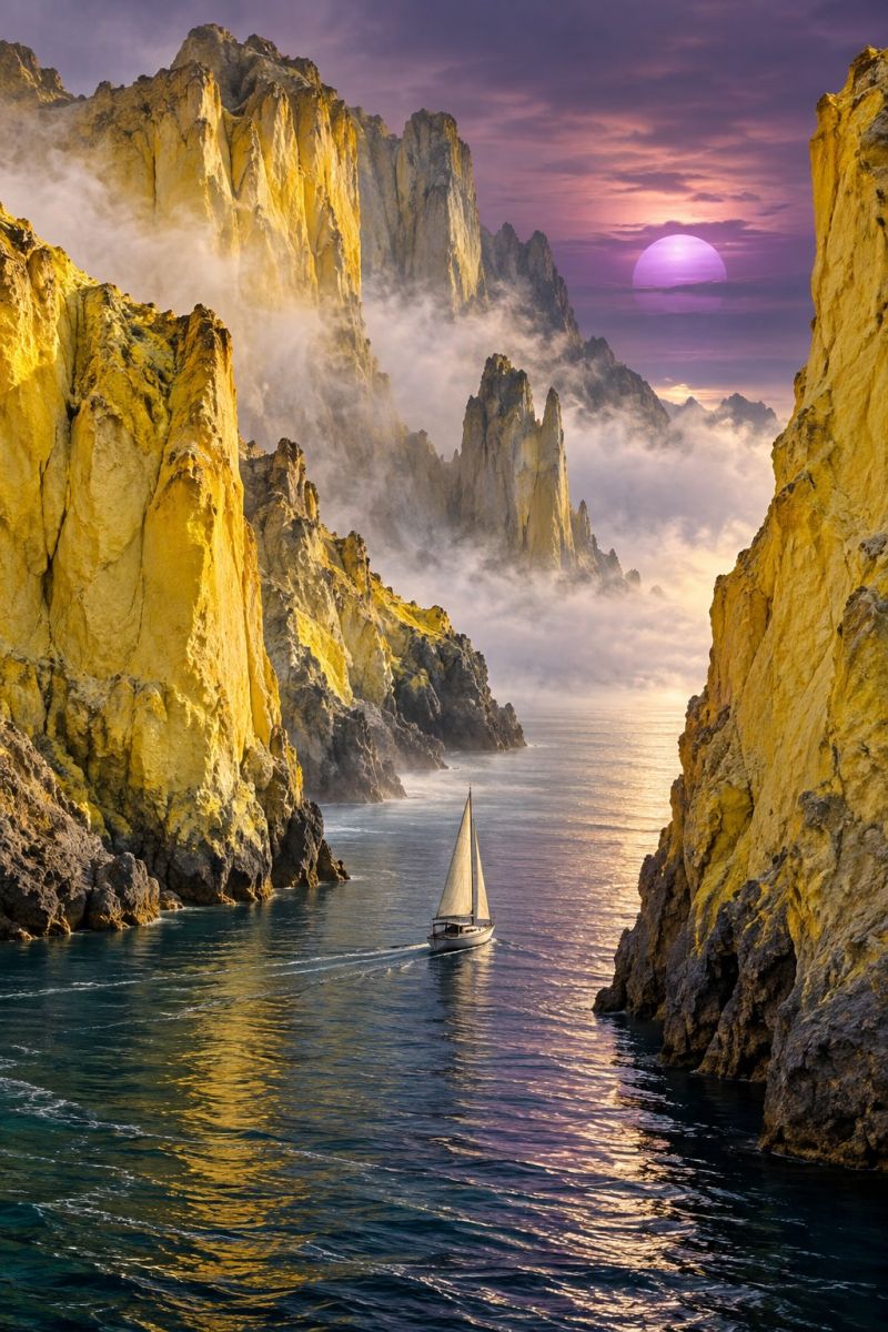 Falaise falaises cote littoral rochers eau coucher soleil lever bateau violet ciel nuages lune Un voilier navigue sur une mer sereine, encadré par d'imposantes falaises jaunes de chaque côté. Les falaises sont abruptes et abruptes, avec des plaques de brouillard accrochées à leurs hauteurs. Le ciel au-dessus est un dégradé de violets et de roses, avec une grande lune rougeoyante se levant au loin. L'eau est calme, reflétant les couleurs du ciel et des falaises, créant une scène paisible et presque magique.