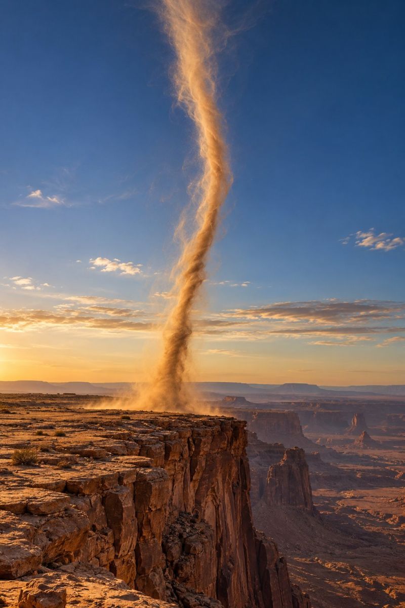 Dust cliff wind rock mountain sky cloud sun sunrise sunset nature outdoors scenery geology erosion formation terrain vista A dramatic scene of a dust devil swirling in the air above a rocky cliff. The dust devil is a tall, twisting column of dust and debris, rising from the ground and spiraling upwards. The sky is a deep blue with a few scattered clouds, and the sun is setting in the distance, casting a warm, golden light over the landscape. The cliff is rugged and steep, with a few sparse plants clinging to the rocks. The desert landscape stretches out below, with more rocky formations and a distant horizon.