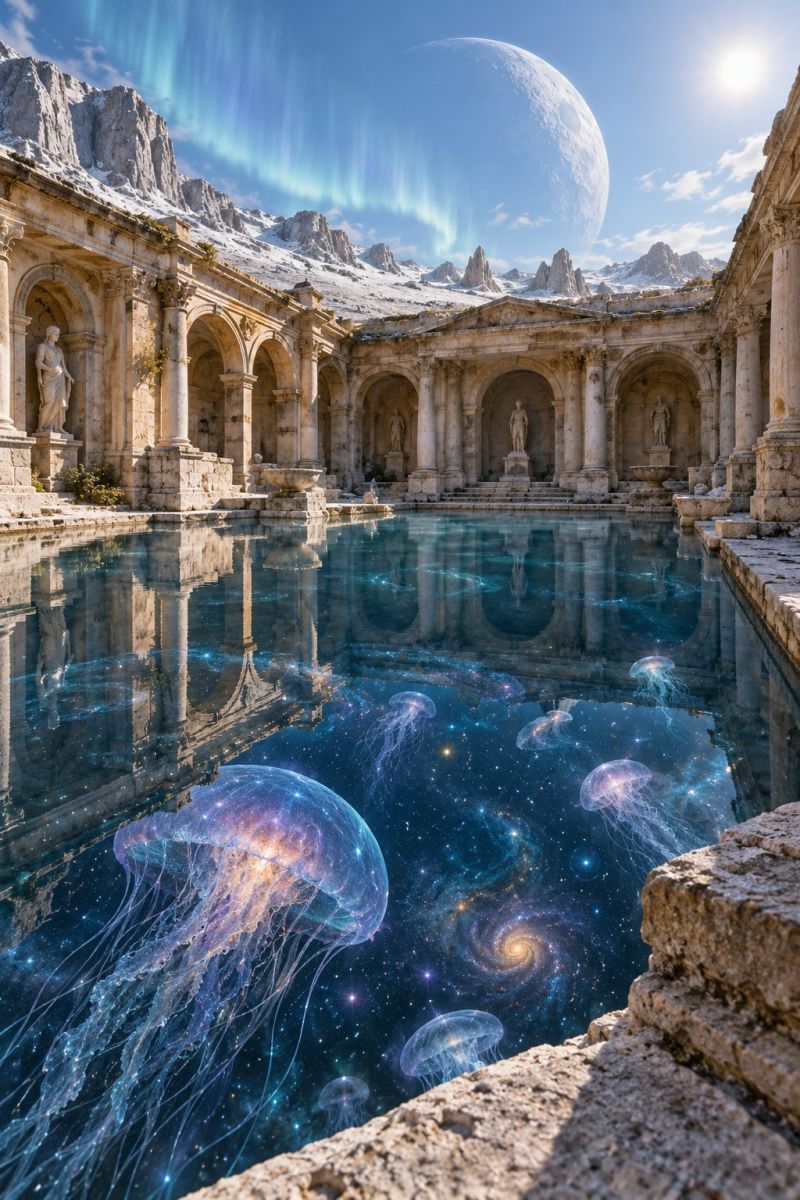 Architecture aurore batiment ville classique sculpture temple ruines design bassin d'eau serein dans une ancienne cour aux murs de pierre. La piscine est remplie de méduses translucides qui flottent gracieusement, leurs délicats tentacules se balançant doucement. L'eau reflète l'architecture environnante, y compris les arches et les colonnes, créant un effet miroir. Le ciel au-dessus est un mélange de bleu et de blanc, avec une grande lune rougeoyante et des aurores boréales dansant au loin. La scène se déroule sur fond de montagnes enneigées, ce qui ajoute à l'atmosphère tranquille et surnaturelle.