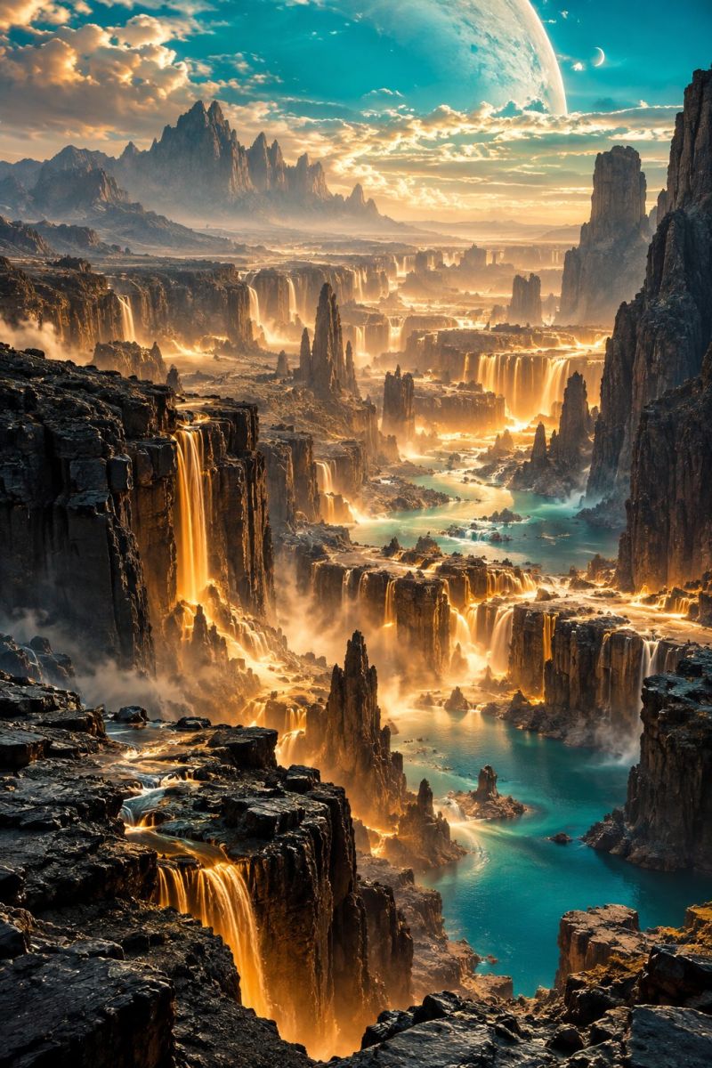 Waterfall mountain rock water sky cloud sun sunlight reflection rocky cliff river formation dramatic landscape with a large planet visible in the sky, accompanied by a crescent moon. The terrain is rugged, featuring steep cliffs and rocky outcrops. Waterfalls cascade down the cliffs, their water illuminated by the setting sun, casting a golden hue. The water below the waterfalls is a deep blue, reflecting the sky's colors. The overall scene is bathed in warm, golden light, creating a serene yet awe-inspiring atmosphere.