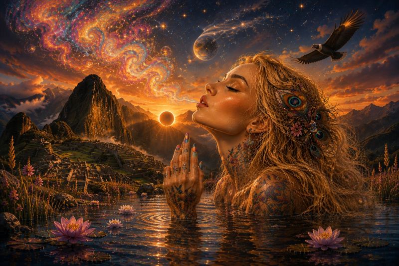 Woman water mountain sky sun flower feather eagle tattoo night cloud planet universe fantasy dream painting imagination A woman with long, flowing hair is in a serene body of water, possibly a lake or river. She is gazing upward, her eyes closed, and her lips slightly parted, as if in a moment of deep contemplation or meditation. She has tattoos on her arms and shoulders, and her hair is adorned with peacock feathers. In the background, there is a majestic mountain range with ancient ruins, and the sky is a vibrant mix of orange and pink hues, indicating either a sunrise or sunset. Above the woman, a large, colorful nebula with swirling patterns and stars is visible, adding a mystical and otherworldly element to the scene. A bird, possibly an eagle, is flying above the nebula, adding to the sense of freedom and wonder.