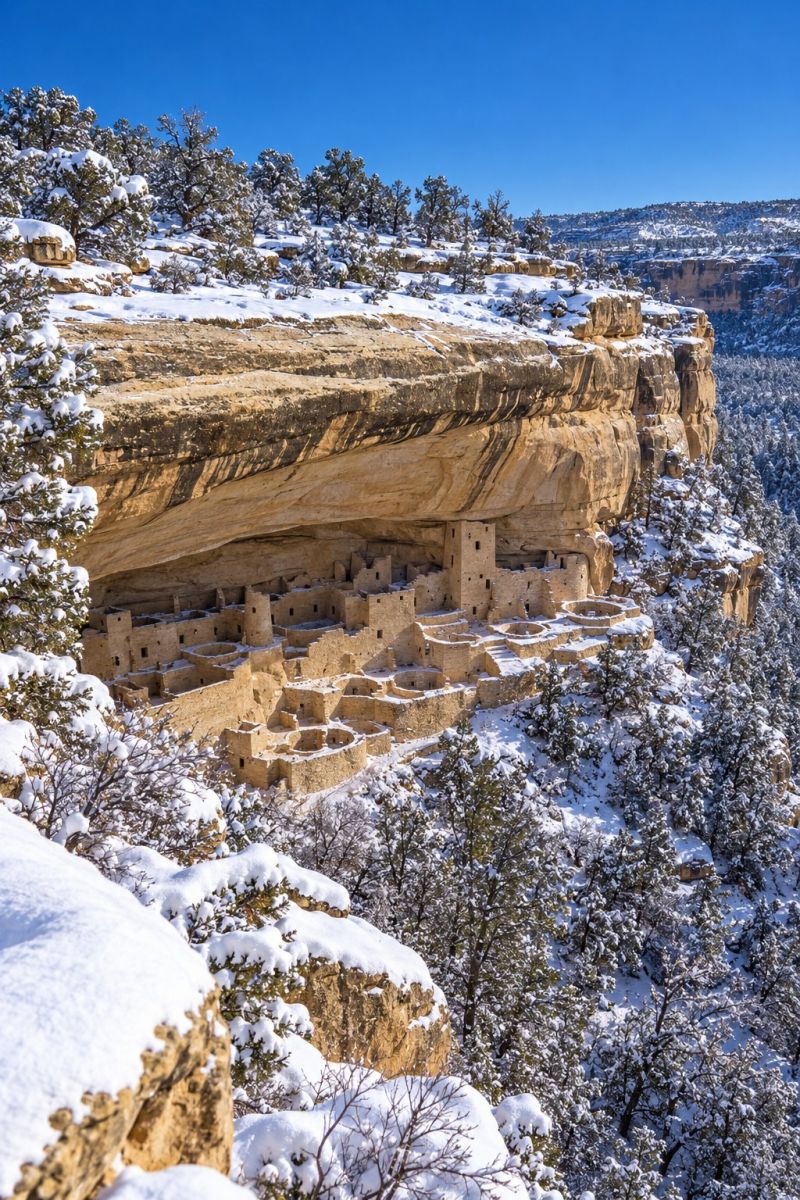 Falaise neige montagne rocher hiver air architecture batiment ruine ancien historique nature arbre ciel colline vallee foret habitation paysage hivernal à couper le souffle du parc national de Mesa Verde dans le Colorado. Le parc est connu pour ses anciennes habitations situées sur les falaises. Sur cette image, une grande structure ancienne est sculptée dans le flanc d'une falaise, recouverte de neige. Les habitations situées sur la falaise sont en pierre et présentent une conception architecturale unique, avec plusieurs niveaux et pièces. La neige ajoute une couche de blanc au paysage, recouvrant le sol, les arbres et les habitations situées sur les falaises. Le ciel est clair et bleu, offrant un contraste saisissant avec la scène enneigée. En arrière-plan, d'autres falaises et montagnes enneigées créent un paysage hivernal serein et pittoresque.
