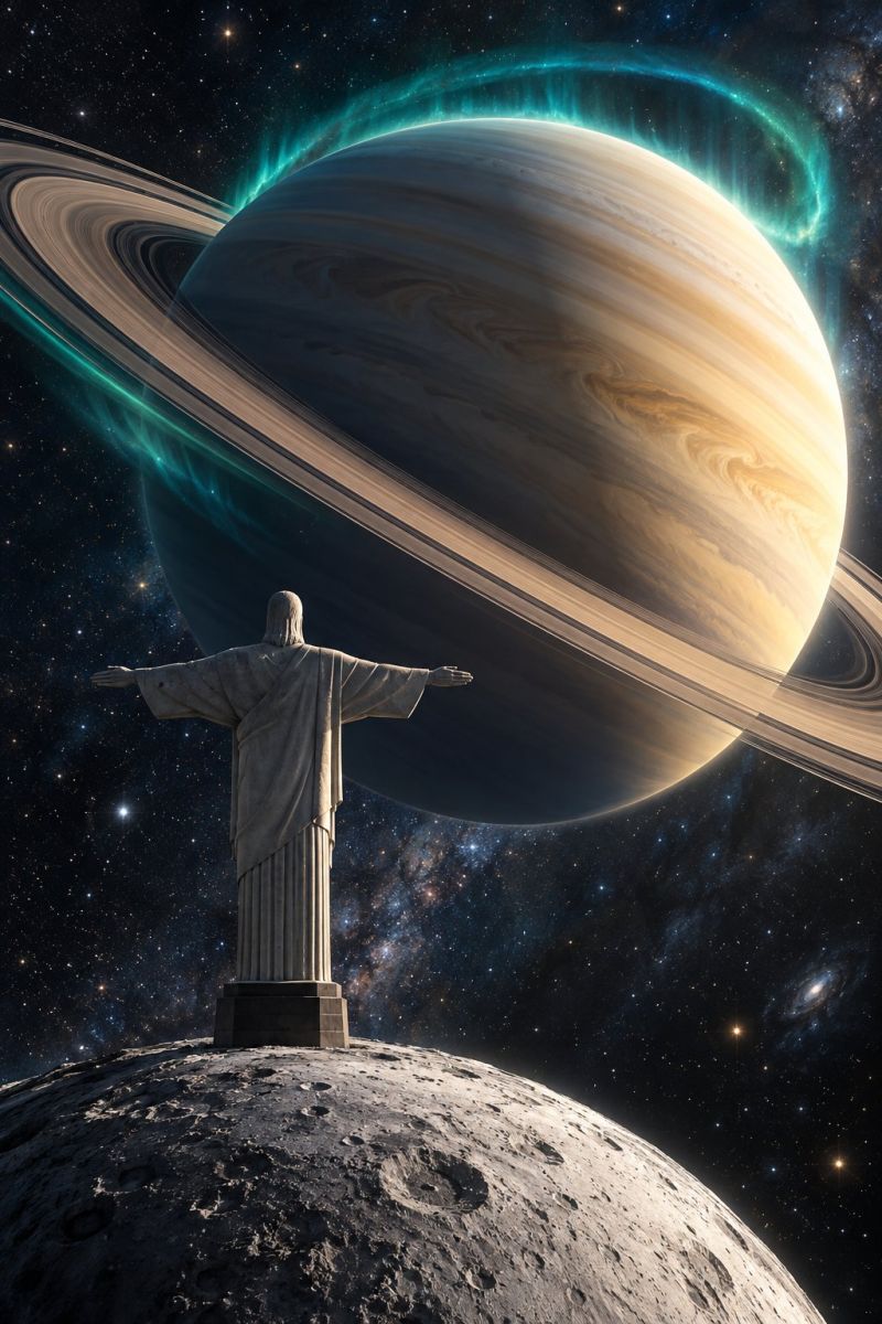 Espace planete lune aurore univers cosmos astronomie celeste etoile galaxie nebuleuse cosmique planetaire galactique exploration nuit Au premier plan, une statue du Christ Rédempteur se dresse sur une surface rocheuse, les bras tendus. Derrière lui, la lune est visible et montre sa surface cratérisée. À l'arrière-plan, une grande planète aux anneaux proéminents gravite autour d'une étoile brillante. La planète a une atmosphère tourbillonnante et colorée avec des nuances de bleu, de vert et de jaune. Le ciel est rempli d'étoiles et d'une faible nébuleuse rougeoyante.