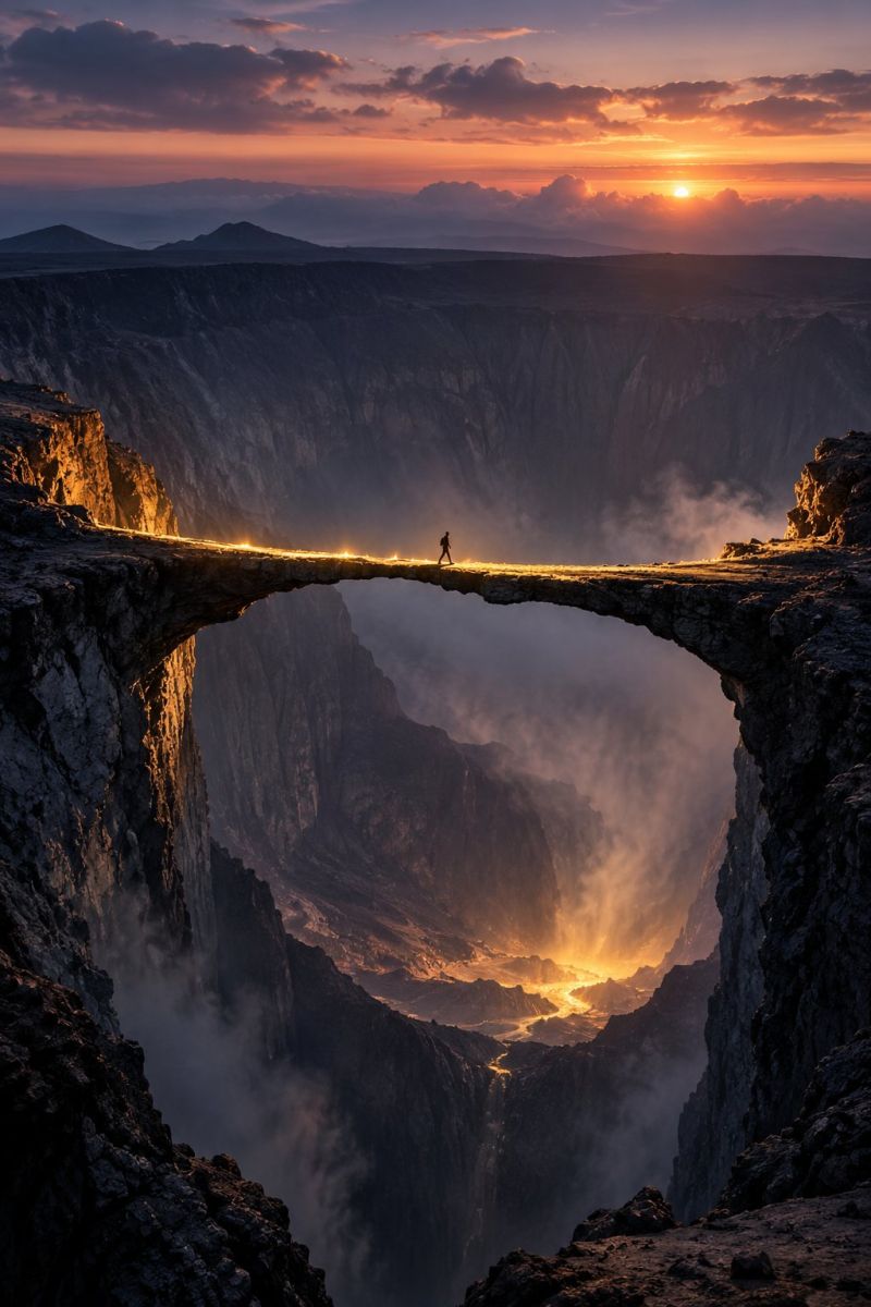 Coucher soleil montagne ciel nuage horizon rocher vallee brouillard pont aventure voyage nature air falaise Une personne se tient debout sur un pont voûté étroit qui enjambe un profond canyon rocheux. Le pont est illuminé par une lumière chaude et dorée, provenant probablement du soleil couchant. Les parois du canyon sont abruptes et accidentées, avec une atmosphère brumeuse spectaculaire. Le ciel au-dessus est un mélange de teintes orange et rose, indiquant l'heure du coucher du soleil. Au loin, on aperçoit des silhouettes de montagnes et une ligne d'horizon. La personne sur le pont semble petite par rapport au vaste environnement naturel qui l'entoure.