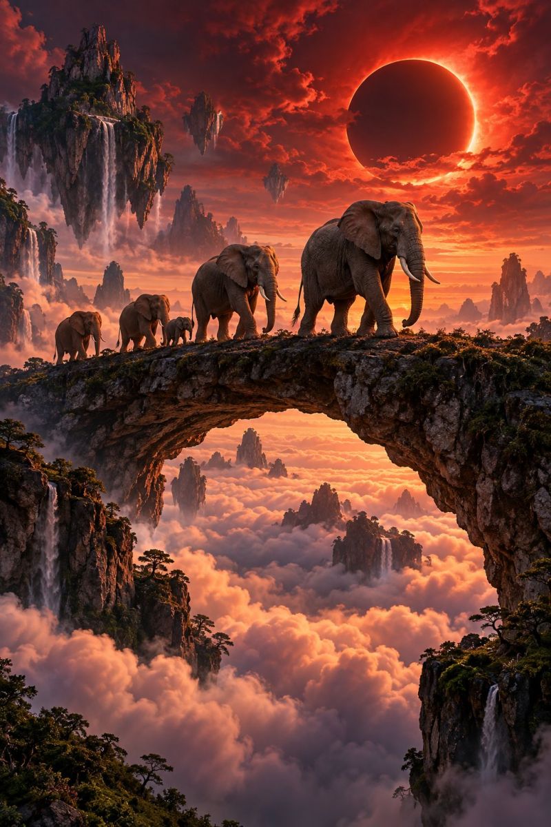 Elephants pont montagnes nuages cascade coucher soleil rochers arbres falaise rocher formation rocheux montagne rivage terrain affleurement flanc bord Un groupe d'éléphants, dont une mère et ses petits, marchent sur un pont voûté en pierre qui enjambe une vallée remplie de nuages. Le ciel au-dessus est un mélange spectaculaire de teintes rouges et oranges, avec une grande silhouette sombre de la lune partiellement éclipsée par le soleil. À l'arrière-plan, on aperçoit des formations rocheuses flottantes avec des cascades qui descendent en cascade. La scène se déroule dans un paysage fantastique, presque onirique.