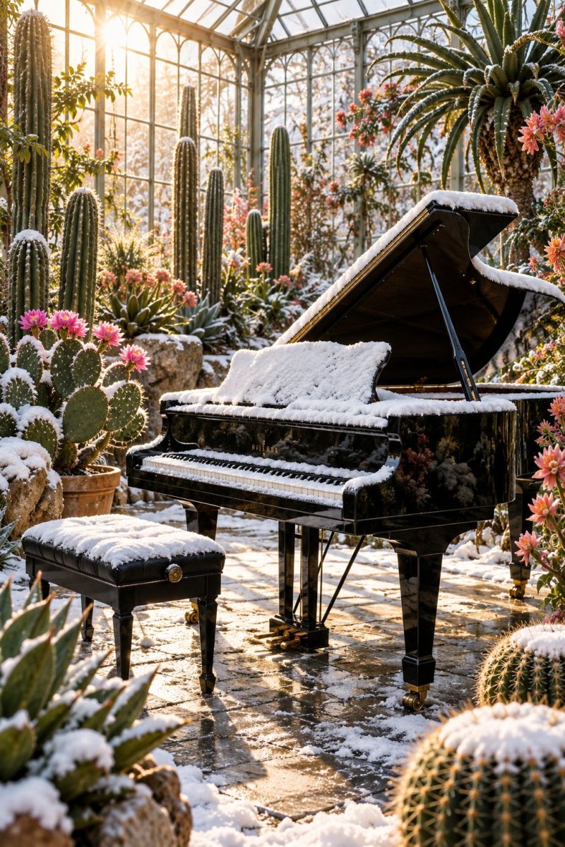 Ces piano snow neige garden jardin plant plante flower fleur cactus greenhouse serre sunlight soleil music musique instrument nature winter hiver benc Dans une serre, un grand piano est recouvert de neige, avec un banc devant. Le piano est noir avec une housse blanche sur le dessus. La serre est remplie de diverses plantes, y compris des cactus, des plantes succulentes et des plantes fleuries. La lumière du soleil brille à travers les fenêtres en verre, projetant une douce lueur sur les plantes et le piano. La serre a un cadre métallique et un toit en verre.