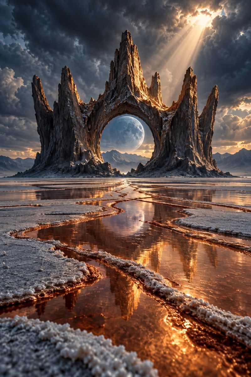 Lune soleil eau reflexion ciel nuages montagnes desert coucher nature air geologie mineraux mineralogie roche formation Au premier plan, il y a un grand plan d'eau brun rougeâtre avec un canal étroit et sinueux qui reflète le ciel et le paysage environnant. L'eau semble être un mélange de brun et de blanc, probablement à cause de dépôts de sel. Au centre de l'image, il y a une grande formation rocheuse avec une ouverture naturelle en forme d'arche. L'arche est illuminée par le soleil, projetant une lueur chaude sur les rochers et les environs. Le soleil brille de mille feux, projetant de longues ombres et illuminant la scène d'une teinte dorée. Le ciel est rempli de nuages sombres et orageux, ce qui ajoute à l'atmosphère dramatique de l'image. Au loin, des montagnes et une pleine lune sont visibles dans le ciel.