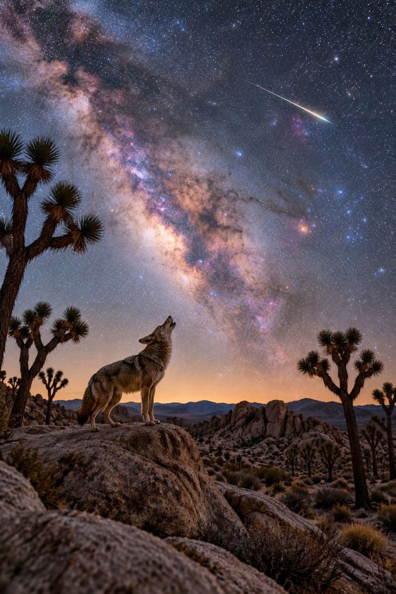 Night sky wolf howl desert rock trees mountains stars meteor space galaxy universe astronomy nature wildlife outer A coyote stands on a rocky outcrop in a desert landscape, howling at the night sky. The sky is filled with stars, and the Milky Way galaxy is visible, stretching across the sky with a bright, glowing trail. The coyote's fur is a mix of gray and brown, and it appears alert and focused on the sky. In the background, there are several Joshua trees, their spiky branches reaching towards the sky. The desert floor is rocky and barren, with sparse vegetation. The scene is illuminated by the soft glow of the stars and the coyote's fur.