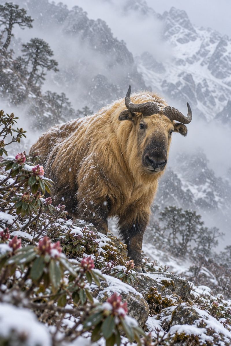 Animal faune montagne neige nature mammifere buffle corne sauvage froid rocher hiver foret arbre brouillard brume terres habitat Dans une région montagneuse enneigée, un gros animal sauvage au pelage hirsute aux cornes incurvées se dresse sur un affleurement rocheux. L'animal, probablement un yack, a un pelage brun doré épais qui semble mouillé à cause des récentes chutes de neige. Ses cornes sont grandes et incurvées et pointent vers l'arrière. Le visage de l'animal est recouvert de neige et il semble regarder directement la caméra. L'arrière-plan présente une chaîne de montagnes brumeuse avec des sommets enneigés et une forêt dense d'arbres à feuilles persistantes. Le sol est recouvert de neige et des taches de fleurs roses apparaissent à travers la neige.